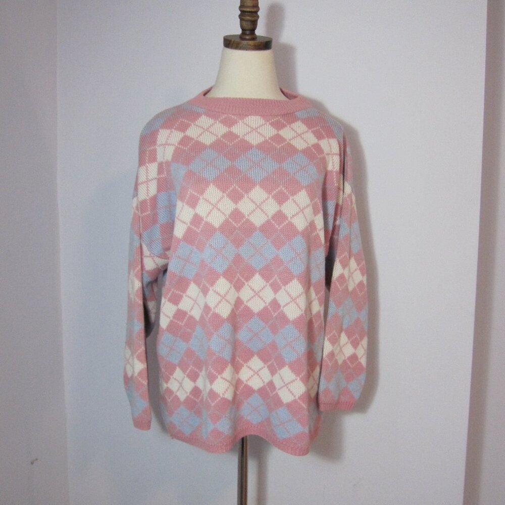 Vintage 80s Argyle Pink, Pale Blue and White Crewneck Sweater